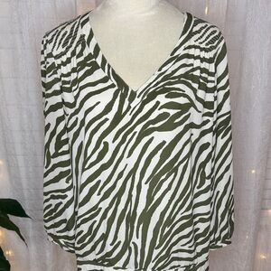 Black Rainn Olive and White Zebra Print Blouse